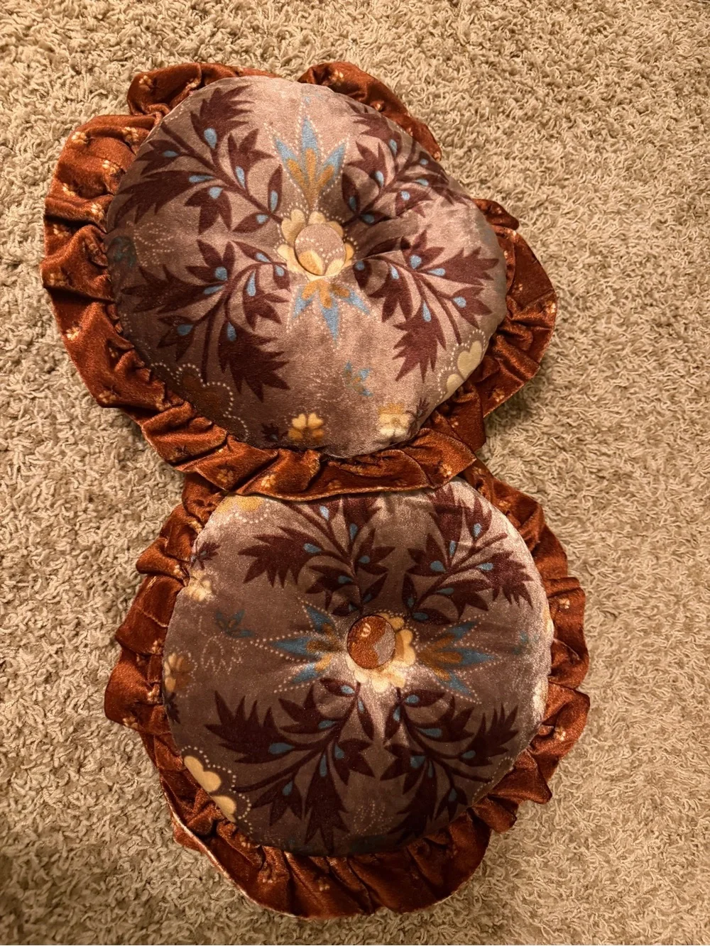 Vintage Velvet Ruffled Tufted Throw Pillows Pair Boho Cottagecore 70s 2 PC